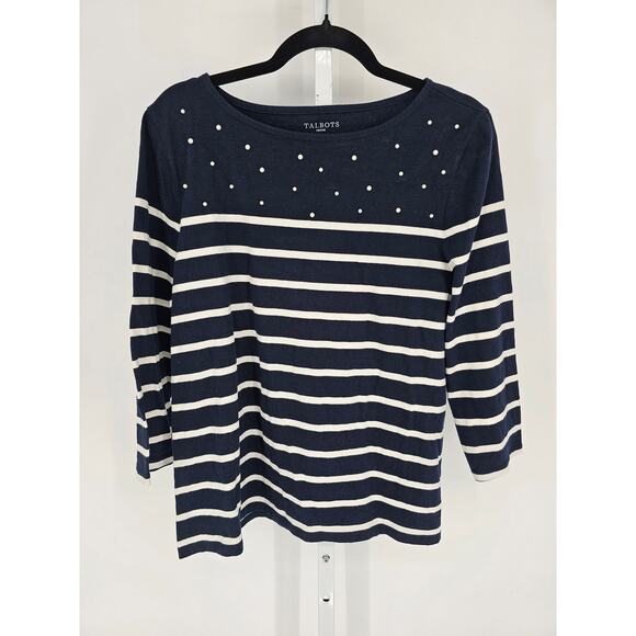 Talbots Womens Sz XLP Petite 3/4 Sleeve Top Navy White Striped w/ Bead Detail - Picture 1 of 4
